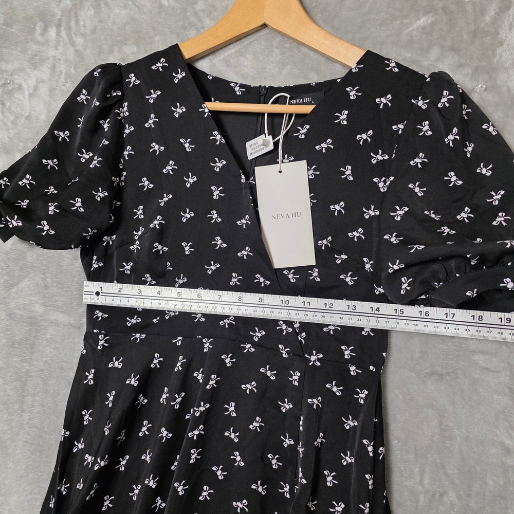 NEVA HU Bow Print Puff Sleeve Maxi Dress Women L‎ Black NEW Flowy Cottagecore - Picture 8 of 13